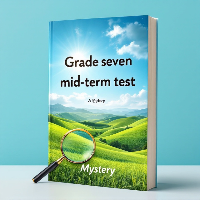 The cover features a beautiful landscape with a vibrant blue sky, rolling green hills, and a bright sun shining down. In the foreground, we see a magnifying glass, symbolizing the mystery element of the book. The title is placed at the top of the cover, with the words "Grade seven mid-term test" in bold, large font, and the genre "Mystery" in a smaller, more decorative font at the bottom.