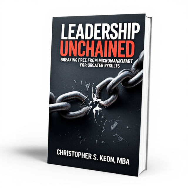 The cover features a close-up image of a broken chain, symbolizing breaking free from micromanagement. The chain is depicted in a serious and professional manner, while also incorporating playful elements to represent the idea of liberation. The image is set against a clean and modern background, with subtle textures for added depth and visual interest.