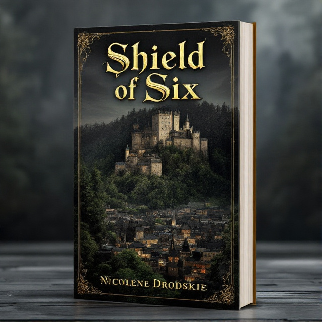 The foreground of the cover presents a bustling city, with the medieval architecture standing out in black and gold. Behind the city stretches a dense forest, with its lush greenery and ancient trees contrasting with the urban landscape. Dominating the skyline is a majestic castle situated atop a steep hill behind the forest, its towers reaching towards the sky.