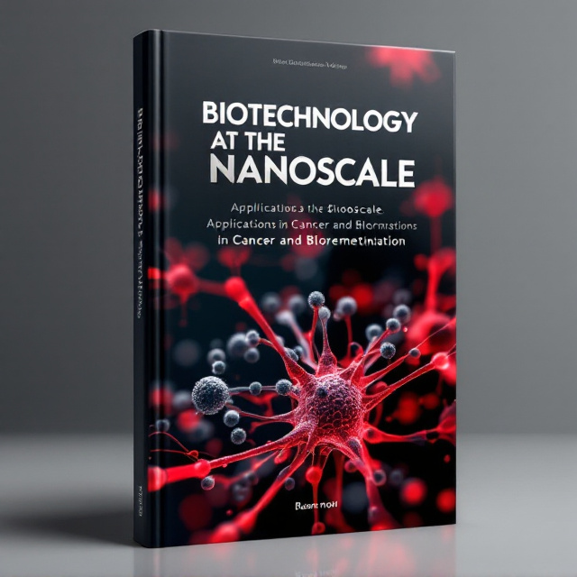 The cover features a close-up image of a nanoscale structure, with intricate patterns and vibrant colors. In the background, there is a silhouette of a person representing cancer, with red and black tones to evoke a sense of danger and urgency. The nanoscale structure is placed in the foreground, symbolizing the potential of biotechnology in cancer treatment and bioremediation.