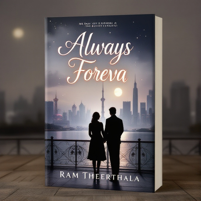 The cover features a soft, painterly style background depicting a moonlit scene at The Bund in Shanghai. The skyline and river are hinted at in muted tones, while the moon casts a soft glow over the water. Two silhouettes of Mr. Ram and Miss Mirabel stand on the promenade facing the water, with Miss Mirabel's rose gold bracelet subtly catching the moonlight. The cover has a calm and reflective atmosphere, evoking the romance and growth found in the book.