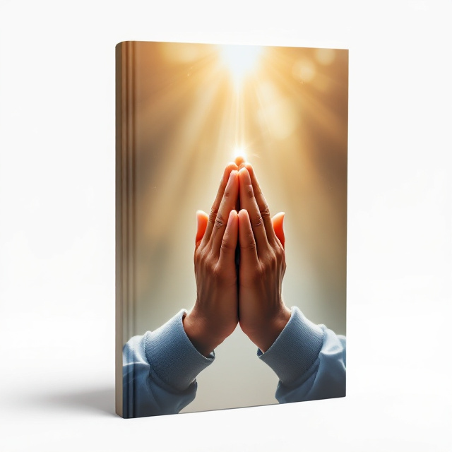A close-up image of two hands closed together in a praying position against a white background. Rays of light are softly emanating from between the hands.