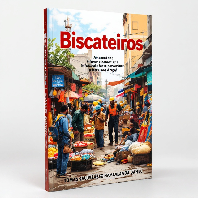 The book cover prominently features a bustling urban scene in Angola, with vibrant colors depicting the essence of the informal market. Various biscateiros are depicted, including street vendors with their colorful merchandise, construction workers engaged in building activities, and freelance professionals in their respective fields. The composition is dynamic and energetic, reflecting the pulsating economy of the informal sector.