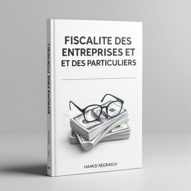 The cover features a clean and minimalist design with a white background. The title "FISCALITE DES ENTREPRISES ET DES PARTICULIERS" is prominently displayed in bold black letters at the top of the cover. Below the title, a stack of money symbolizes the finance genre, and a pair of reading glasses represents learning.