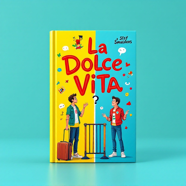 The cover features a vibrant and colorful illustration of a stranger and an Italian, both wearing puzzled expressions, standing on either side of a language barrier. The stranger is depicted with a suitcase, symbolizing their journey in Italy, while the Italian is shown with gesticulating hands, representing the expressive nature of Italians.