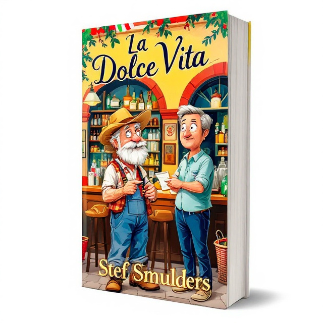 The cover features a vibrant and colorful illustration of an elderly Italian farmer and a middle-aged foreigner standing in an Italian bar. The farmer is pointing at a paycheck while the foreigner looks puzzled, creating a sense of curiosity and surprise.