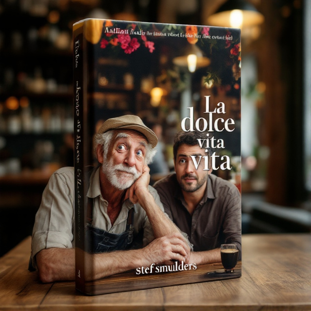 The cover features a close-up image of an elderly Italian farmer and a middle-aged foreigner standing in an Italian bar. The Italian man has a curious expression on his face while the foreigner looks surprised, creating a sense of curiosity and intrigue for the viewer.
