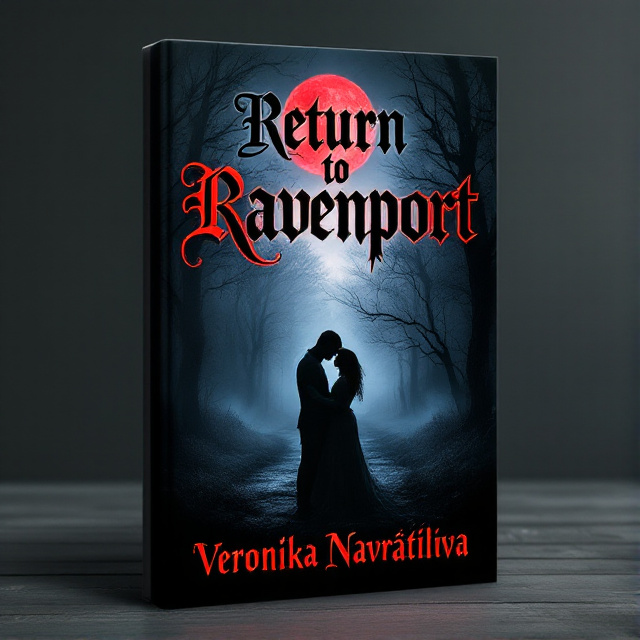 The cover features a dark, haunting image of a misty Ravenport, North Carolina, with an eerie red moon shining in the sky. In the foreground, there is a silhouette of a couple embracing, one being a human and the other a supernatural being. The overall style is mysterious and captivating.