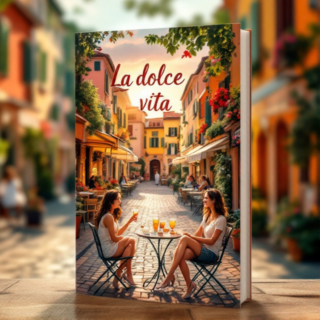 The cover features a bustling Italian village square with cobblestone streets, colorful buildings, and outdoor cafes. Two people are depicted sitting at a table, enjoying aperitivo, with smiles on their faces. The scene is bathed in warm sunlight, evoking a joyful and satisfied atmosphere.