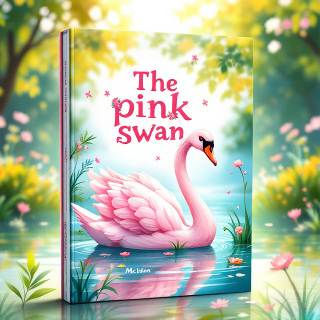 A vibrant and colorful illustration of a graceful pink swan swimming in a serene pond surrounded by lush greenery and blooming flowers, with rays of golden sunlight filtering through the trees.