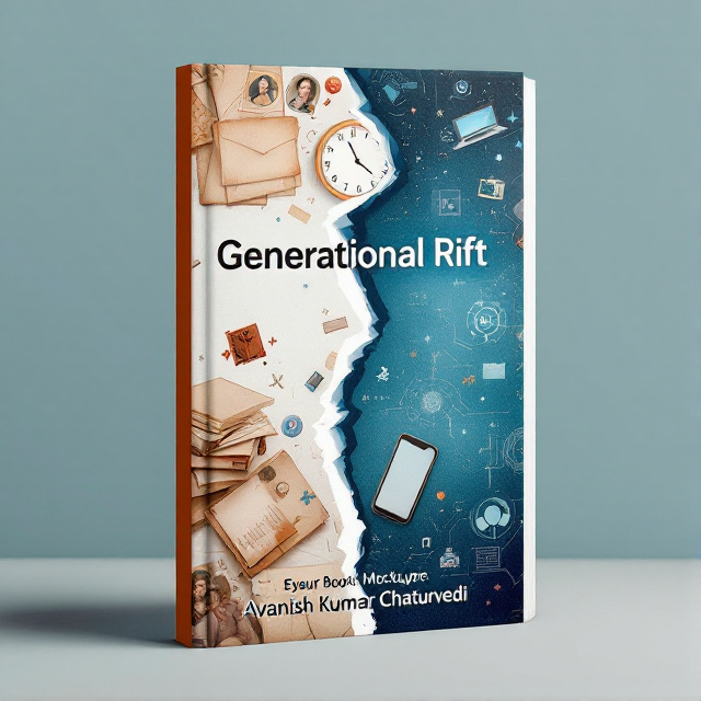 The cover is split into two halves, with the left side representing the past and the right side representing the present. On the left side, there is an old-style clock, a stack of handwritten letters, and a vintage family portrait. On the right side, there is a smartphone, a laptop, and digital symbols. In the center, there is a symbolic "rift" or split, connecting the two sides.