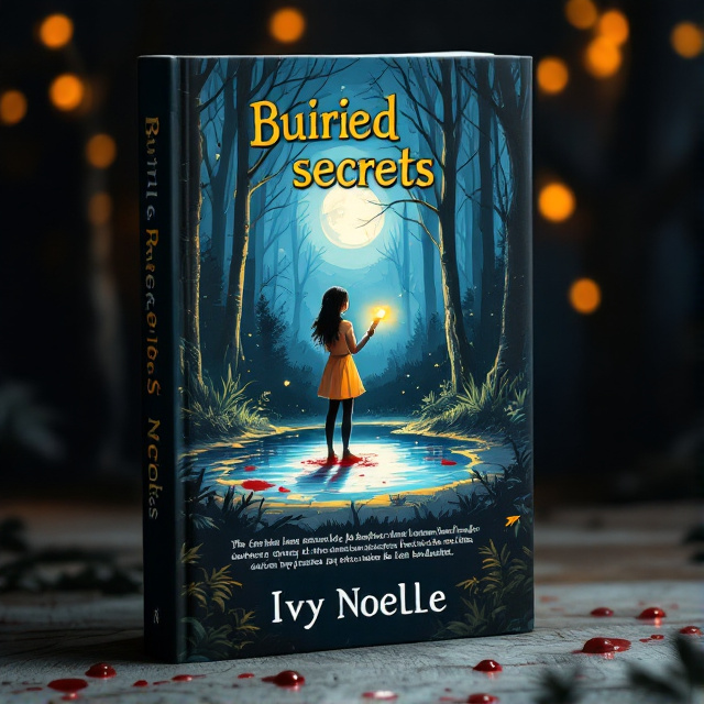 The cover features a hand-drawn illustration of a girl standing in the middle of a dense forest. She is holding a flashlight, illuminating the area around her. In front of her, there is a mysterious lake, reflecting the moonlight. Small drops of blood are scattered on the forest floor, adding an element of intrigue and suspense.