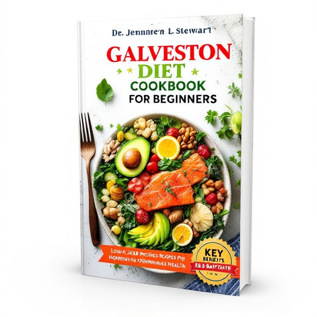 The cover features a vibrant image of a plate filled with colorful, healthy foods such as avocado, salmon, leafy greens, and nuts, arranged in an appealing and appetizing way. The title "Galveston Diet Cookbook for Beginners" is displayed prominently in bright, attention-grabbing fonts, with "Galveston Diet" and "Cookbook for Beginners" emphasized. A badge or banner highlighting key benefits like "45-Day Plan" and "Low-Carb Recipes for Hormonal Health" is placed in the bottom corner, drawing attention and adding credibility to the book. The overall layout is clean and balanced, with plenty of space for both the visuals and text to stand out clearly.