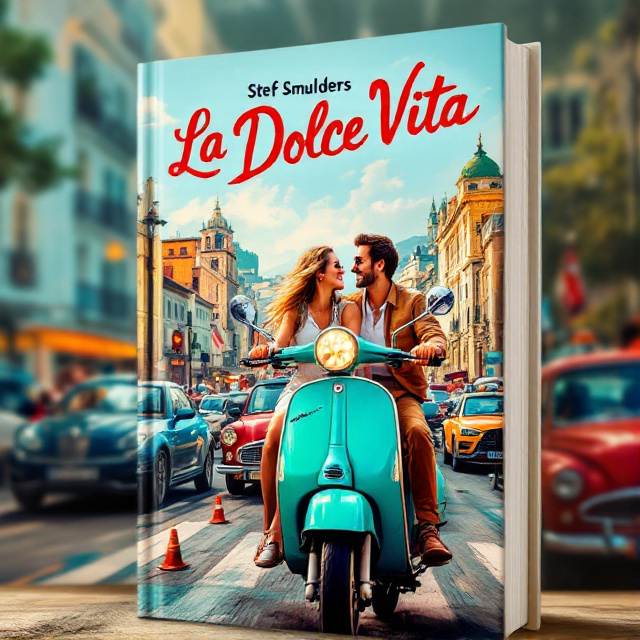 A vibrant and colorful scene of a couple riding a vespa through chaotic Italian traffic. The couple is smiling and enjoying the ride while the background shows a bustling cityscape with iconic landmarks.