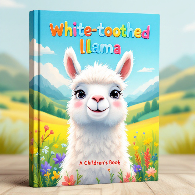 A white-toothed llama with a friendly and adorable expression is placed in the center of the cover. The background is a vibrant and colorful illustration of a sunny meadow with flowers and mountains in the distance.