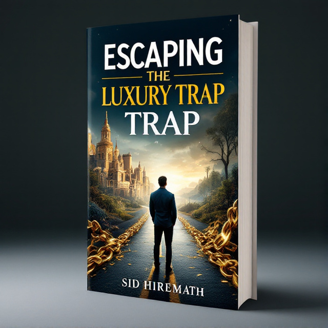 The cover features an individual standing at a crossroads in the foreground, looking contemplative. One path leads to a luxurious cityscape filled with extravagant elements, while the other leads to a serene natural landscape. In the background, there is a subtle image of gold and diamond chains breaking apart.