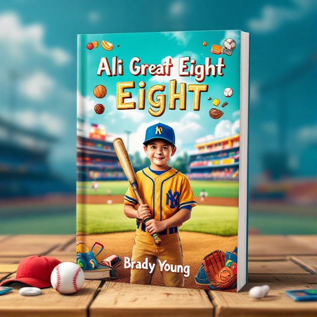 The cover features a vibrant school setting with a baseball field in the background. In the foreground, there is a young boy wearing a baseball uniform and holding a baseball bat. The title "Ali Great Eight" is prominently displayed above the boy, and various baseball items such as a glove, ball, and cap are scattered around the cover.