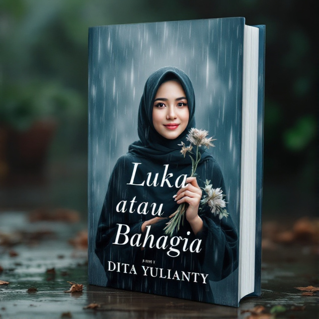 The cover features a woman wearing a hijab, standing in the rain with wilted flowers in her hand. The rain is pouring down from the sky, adding a somber and melancholic mood to the scene. The overall tone is a mix of happiness and sadness, capturing the emotions of the romance genre.