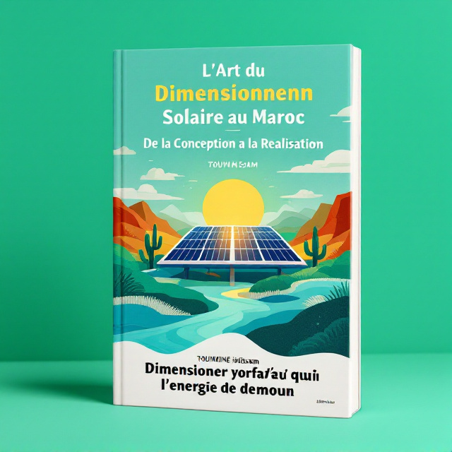 The cover features a stylized solar panel with the sun rising over an abstract Moroccan landscape in vibrant water green colors. The title, "L’Art du Dimensionnement Solaire au Maroc  De la Conception à la Réalisation," is displayed in bold, modern font at the top, with the author's name, TOUMZINE Ibtissam, below it. The slogan, "Dimensionner aujourd'hui l'énergie de demain," is prominently displayed beneath the author's name.