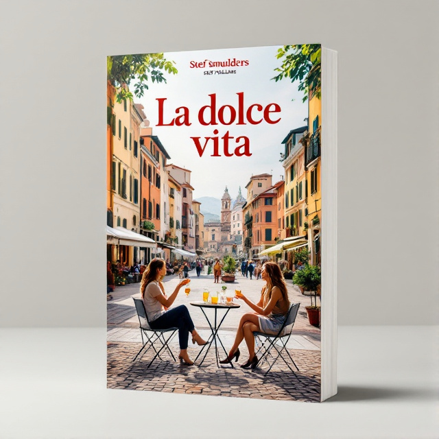 The cover features a beautiful historical Italian city square as the background, with two people sitting at a small table in the foreground, enjoying aperitivo. The warm and relaxed atmosphere is captured in the image, with the iconic architecture and charming ambiance of the location.