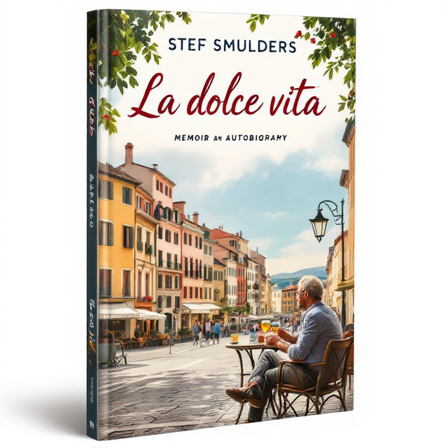 The cover features a picturesque Italian city square with historical buildings. In the foreground, a middle-aged man is sitting at a table, enjoying an aperitivo. The scene exudes relaxation and invites readers to immerse themselves in the Italian lifestyle.