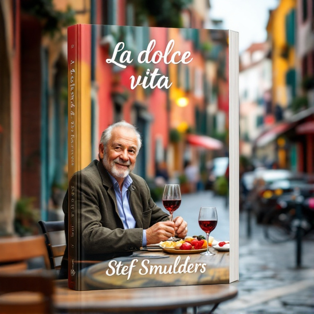 The cover features a middle-aged man sitting at a table on a historical Italian city square, enjoying a glass of wine and snacks. The vibrant colors of the city square create a lively and inviting atmosphere.