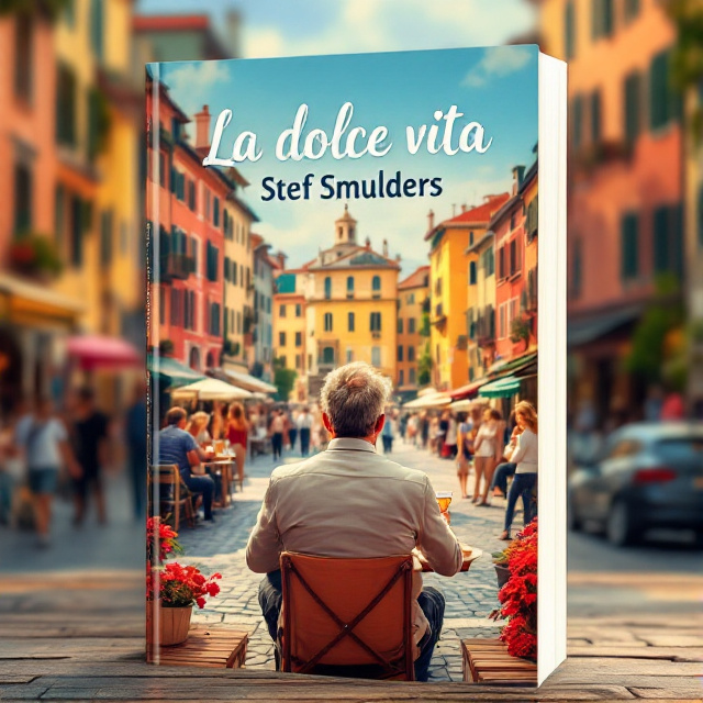 The cover features a vibrant historical Italian city square with colorful buildings and cobblestone streets. In the center of the square, a middle-aged man is seated at a table, facing away from the viewer, enjoying aperitivo. Surrounding him are lively people, capturing the essence of the dolce vita lifestyle.