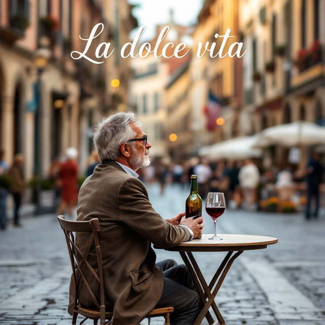A middle-aged man sitting at a table on a historical Italian city square, facing away sideways. The man is observing the people while having aperitivo. On the table, there is a bottle and glass of red wine.