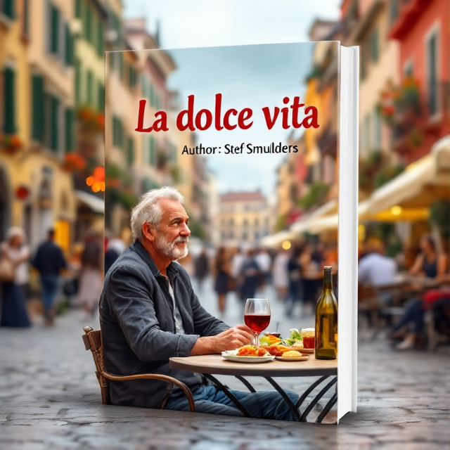A middle-aged man sitting at a table on a lively historical Italian city square. He is leaning slightly back, observing the people, facing sideways. On the table, there is a bottle and glass of red wine, along with some snacks. The square is filled with vibrant colors and bustling activity.