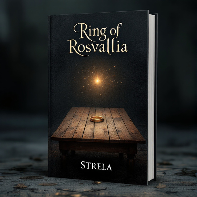 The cover features a dark and bleak background, with a wooden table in the center. On top of the table, there is a mysterious ring, showcasing a glimmer of hope amidst the darkness. No living being is visible, creating a sense of solitude and mystery.
