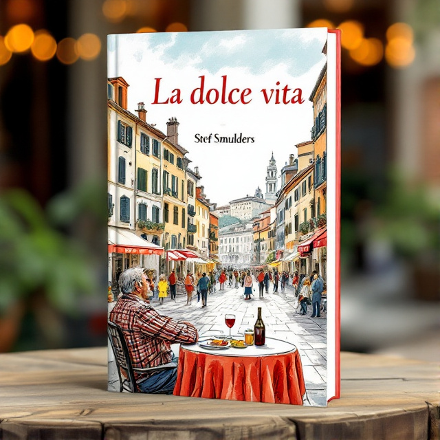 The cover features a vibrant, sketchy illustration of a lively historical Italian city square, with a middle-aged man sitting at a table. The man is leaning back, facing sideways away, observing the people. On the table, there is a bottle and glass of red wine, along with some snacks.