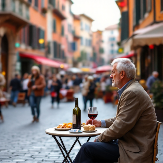 A middle aged man sitting at a table on a lively historical Italian city square. The man is leaning slightly back, observing the people, with his face turned away. On the table are a bottle and glass of red wine, along with some snacks. The scene is vibrant and filled with life, capturing the essence of the memoir genre.