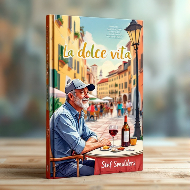 The cover features a cartoon illustration of a middle-aged man sitting at a table in a lively historical Italian city square. He is leaning slightly back, facing sideways away, observing the people. On the table, there is a bottle and glass of red wine along with some snacks. The colors are vibrant and lively, capturing the essence of the book's relaxed atmosphere.