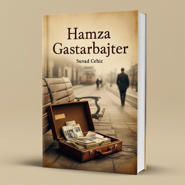 The cover features a beige background with a subtle texture reminiscent of aged paper. Towards the center, a worn leather briefcase is laying beside a bench at a train station. The briefcase is slightly open, revealing stacks of old money and a faded photograph. A man in a suit is seen walking away, creating a sense of nostalgia and leaving the viewer curious about his story.
