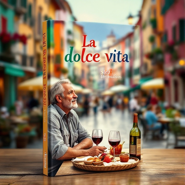 The cover features a vibrant and lively Italian city square as the background. In the foreground, there is a middle-aged man sitting at a table, leaning slightly back and facing sideways away from the viewer. He is observing the people around him while enjoying an aperitivo. On the table, there is a bottle and glass of red wine, as well as some snacks. The colors are bold and saturated, capturing the lively atmosphere of the scene.