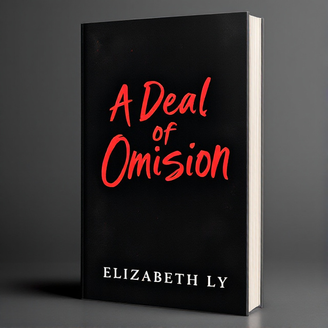 The cover features a black background with a subtle texture, creating a sense of mystery and intrigue. In the center, there is a bold, handwritten title "A Deal of Omission" in red, representing passion and romance. The author's name, Elizabeth Ly, is placed at the bottom in a sleek and modern font.
