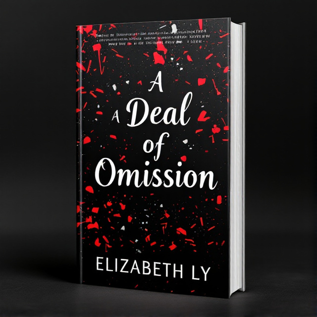 The cover features a black background with red and white writing scattered throughout. The title "A Deal of Omission" is written in bold white font, with the word "Deal" in a larger size and vertical orientation. The author's name, Elizabeth Ly, is written in red cursive font at the bottom of the cover. The scattered red and white writing represents the emotional complexity of the romance genre.