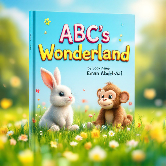The cover features a bright and sunny grassy landscape, with a cute bunny and a playful monkey sitting on either side of the book title. English letters are scattered on the grass, creating a fun and interactive feel.