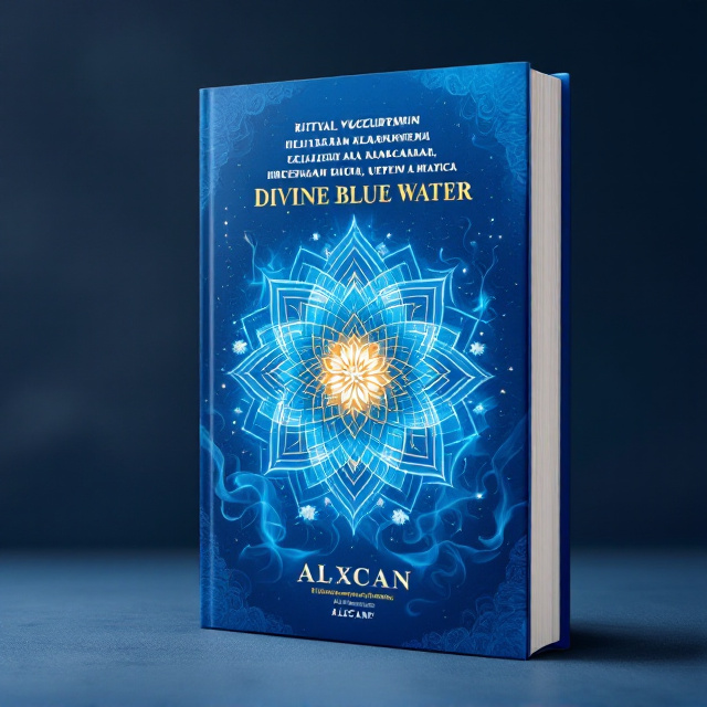 The cover features a vibrant blue background with a subtle gradient from dark to light, representing the purity and depth of the "Divine Blue Water". At the center of the cover, there is a sacred mandala in white and gold, symbolizing spiritual transformation. Surrounding the mandala, there are wisps of incense smoke, illustrating the ritual of burning incense. The smoke intertwines with delicate lotus flowers, representing enlightenment and the journey towards health and happiness.