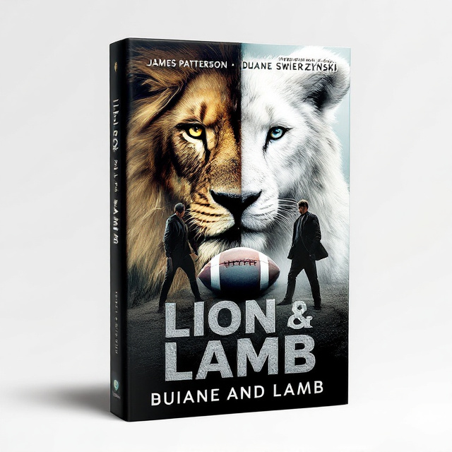 The cover features a split image of a fierce lion and a gentle lamb, symbolizing the contrasting elements of mystery and innocence in the book. The lion is placed on the top half of the cover, while the lamb is on the bottom half. In the center, there is an image of a football, representing the thrilling aspect of the story. Two detectives are positioned on either side of the football, adding a sense of suspense and intrigue.