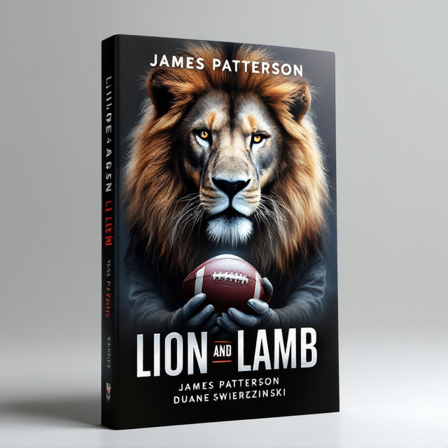 The cover features a powerful and striking image of a lion and a lamb in the center, symbolizing the conflicting elements of the story. In front of the lion and lamb, there are two detectives, one male and one female, standing side by side. They are holding a football between them, representing the mystery and thrill that unfolds in the book. The overall visual style is bold and dynamic, capturing the essence of the mystery genre.