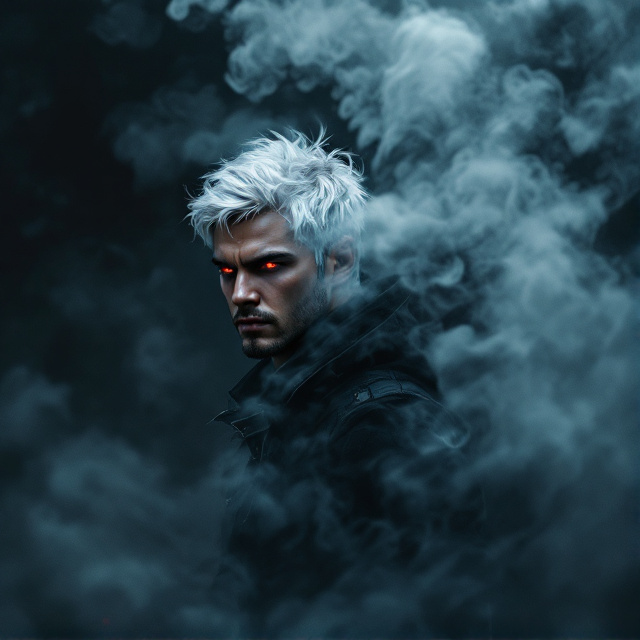 The cover features Anas, the main character, positioned in the center, looking down at the camera with a sense of arrogance. His red eyes and pure white hair create a striking contrast. Behind him, the phoenix takes shape, exuding grandeur and power. The dark atmosphere is filled with steam, partially obscuring the phoenix, adding an air of mystery.