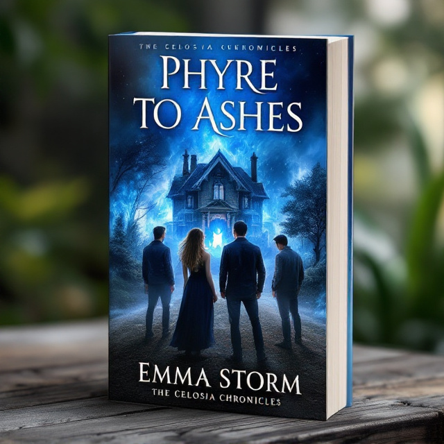 The cover features a home engulfed in blue flames in the background, symbolizing the magical element of the story. In the foreground, two female and two male friends are shown looking back towards the reader, creating a sense of intrigue and mystery. Hidden within the blue flames is a cat shape, adding an element of mysticism to the design.