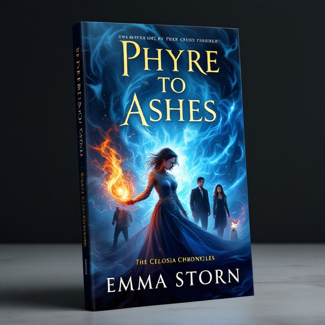 The cover features a background of swirling sapphire blue flames, symbolizing the magical elements of the story. In the foreground, a female character is depicted in a dynamic pose, wielding fire magic. Two male companions and a female friend stand on either side of her, representing the supporting characters in the book. Additionally, a hidden cat is subtly incorporated into the scene, adding an air of mystery.