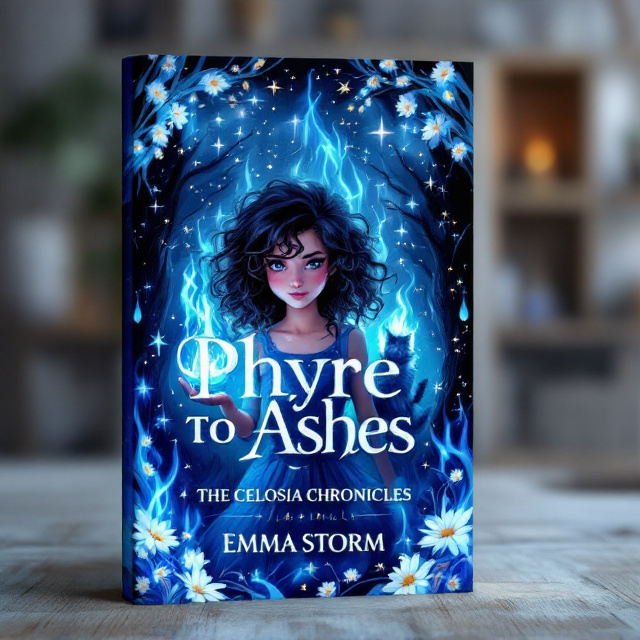 The cover features a teenage girl with dark curly hair standing in front of a background filled with blue flames. She is holding a blue flame in her hand, representing her magical abilities. Surrounding her are branches with stars, symbolizing the mystical nature of the story. The girl is also accompanied by a hidden cat, adding an element of intrigue and mystery. The overall style is illustrative, with a flowy border of daisies framing the scene.