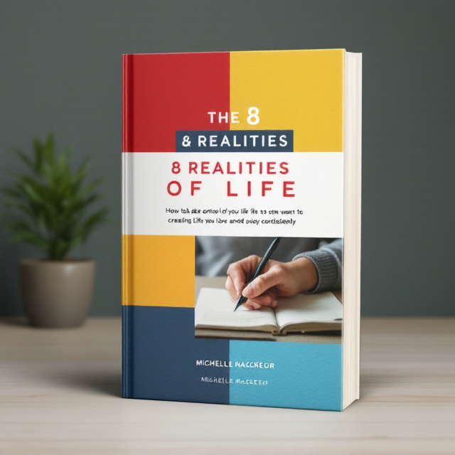 The cover features a close-up image of a hand writing in a notebook, symbolizing self-reflection and the journey of self-discovery. The background showcases blocks of primary colors (red, yellow, green, blue) in a gradient pattern, representing the different realities of life. The hand and notebook are positioned in the center, capturing the focus and attention of the viewer.