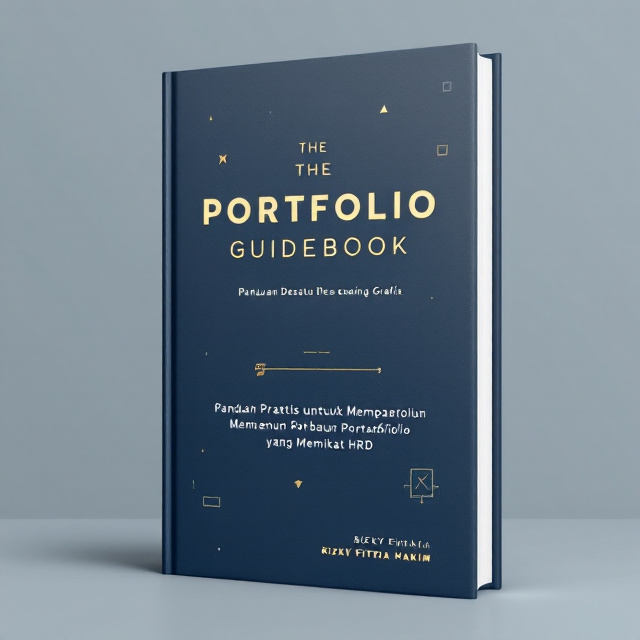 The cover features a solid matte dark blue background, providing a clean and sleek canvas. The title is centered in the upper half of the cover in a bold, sans-serif font, "Rahasia Portofolio Desain Grafis," in soft gold. Directly beneath the title, a thin line separates it from the subheading, "Panduan Praktis untuk Membangun Portofolio yang Memikat HRD," written in a thin and subtle pastel blue. Small and subtle abstract geometric shapes (triangles, lines, or circles) are aligned with the title, adding a creative touch. In the bottom corner, there is a light, single-line illustration of a stylized portfolio or design tool. The author's name, Rizky Fitria Hakim, is displayed in a minimalist design in one of the lower corners.