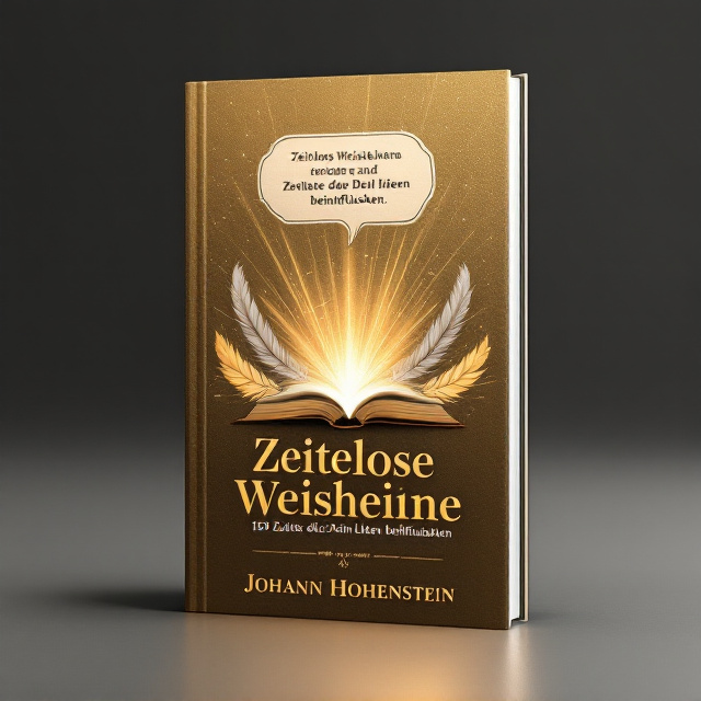 The book cover features a minimalistic design with a golden background. In the center, there is a book with rays of light emanating from it, symbolizing wisdom and enlightenment. Surrounding the book, there are feather quills representing knowledge and inspiration. Above the book, there is a speech bubble containing a quote from the book, giving a glimpse into the wisdom it holds.