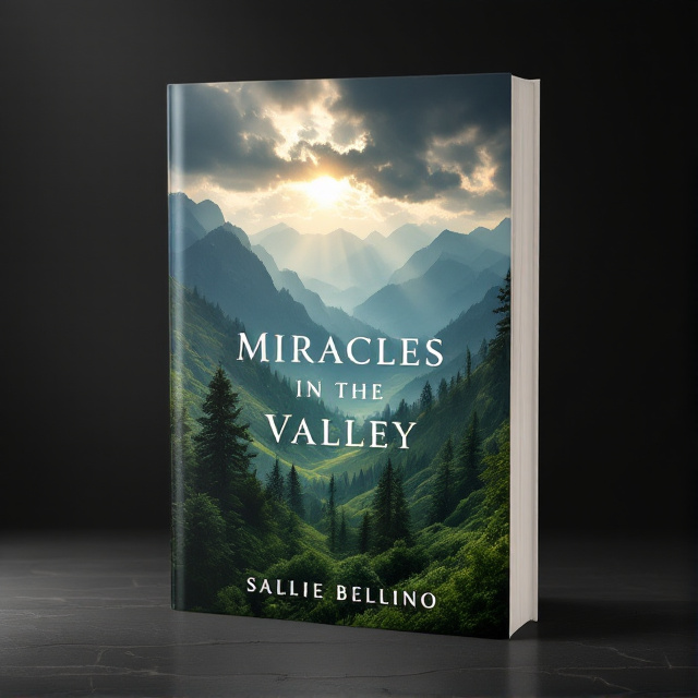 A mountain valley with lush greenery and trees, surrounded by dark clouds with the sun shining through, creating a sense of light and hope in the midst of darkness.