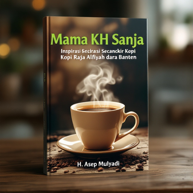 The cover features a close-up image of a cup of coffee, with steam rising from it, placed at the center. Behind the cup, there is a faded image of Mama KH Sanja, the charismatic Islamic scholar, giving the cover a historical vibe. The title is placed above the cup in bold green letters, while the author's name is displayed at the bottom in a more elegant font.